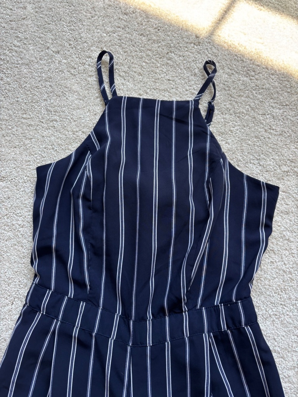 Japna Navy and White Vertical-Stripe Wide-Leg Jumpsuit Sleeveless - Picture 2 of 10